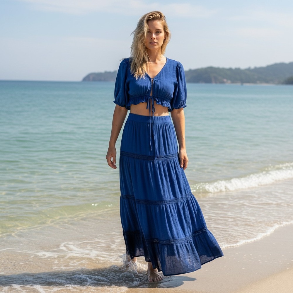 Joy & Ash Cobalt Blue 2 Piece Set Crop Tie Top Tiered Maxi Skirt 1X 16W 18W Boho